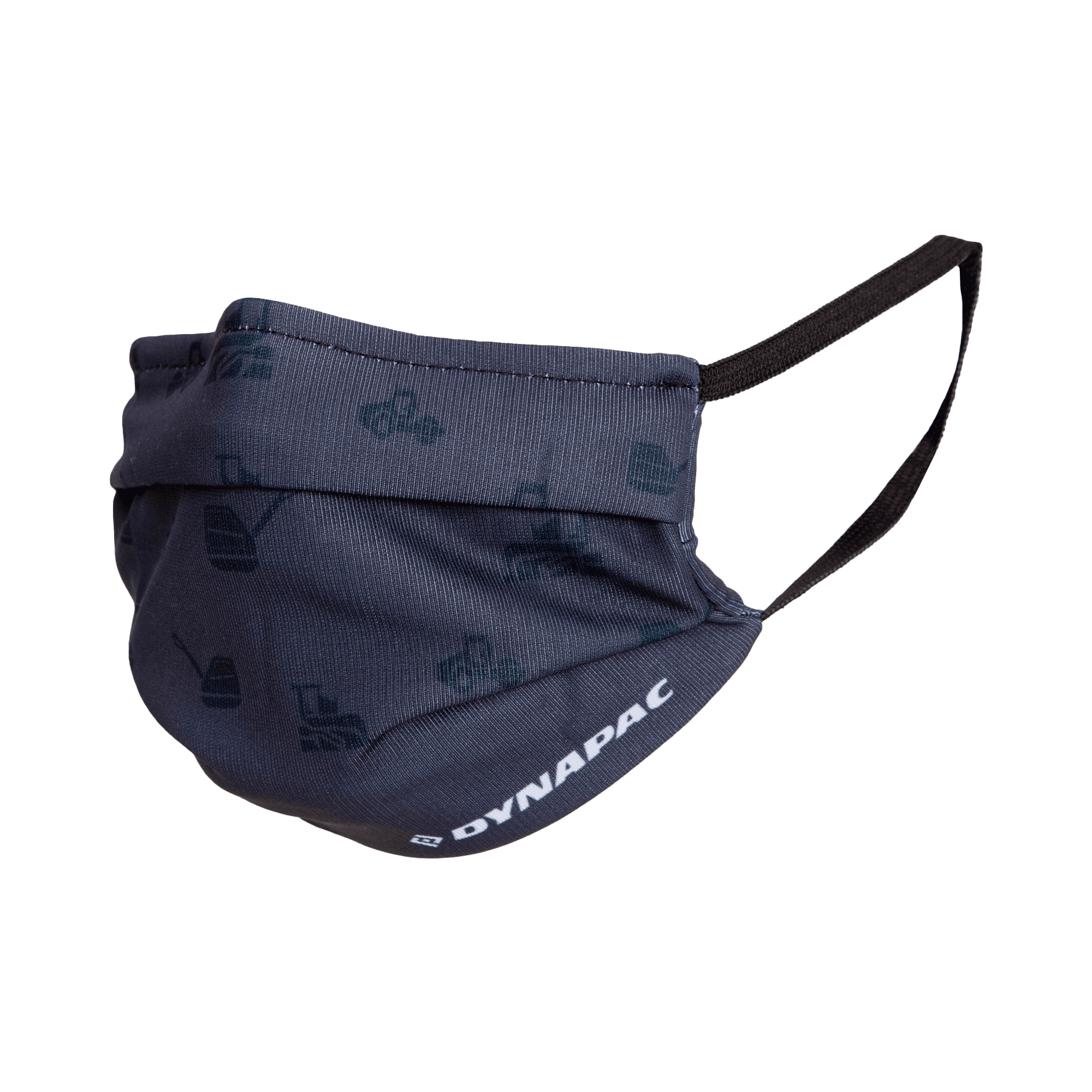 face mask in blue with machine pattern and white logo 