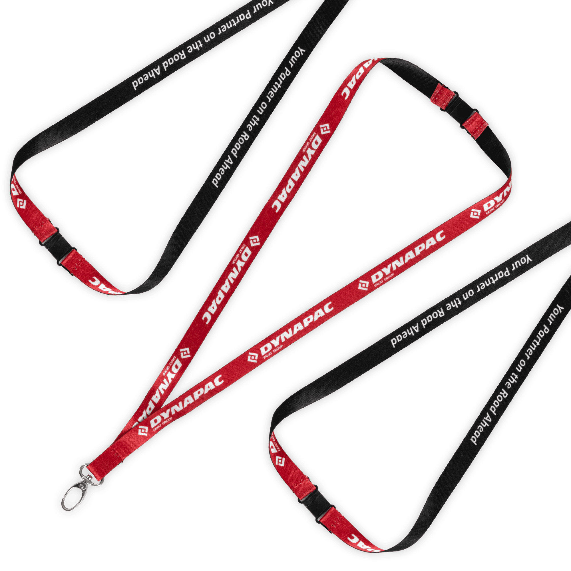 red and black dynapack lanyard with white logo