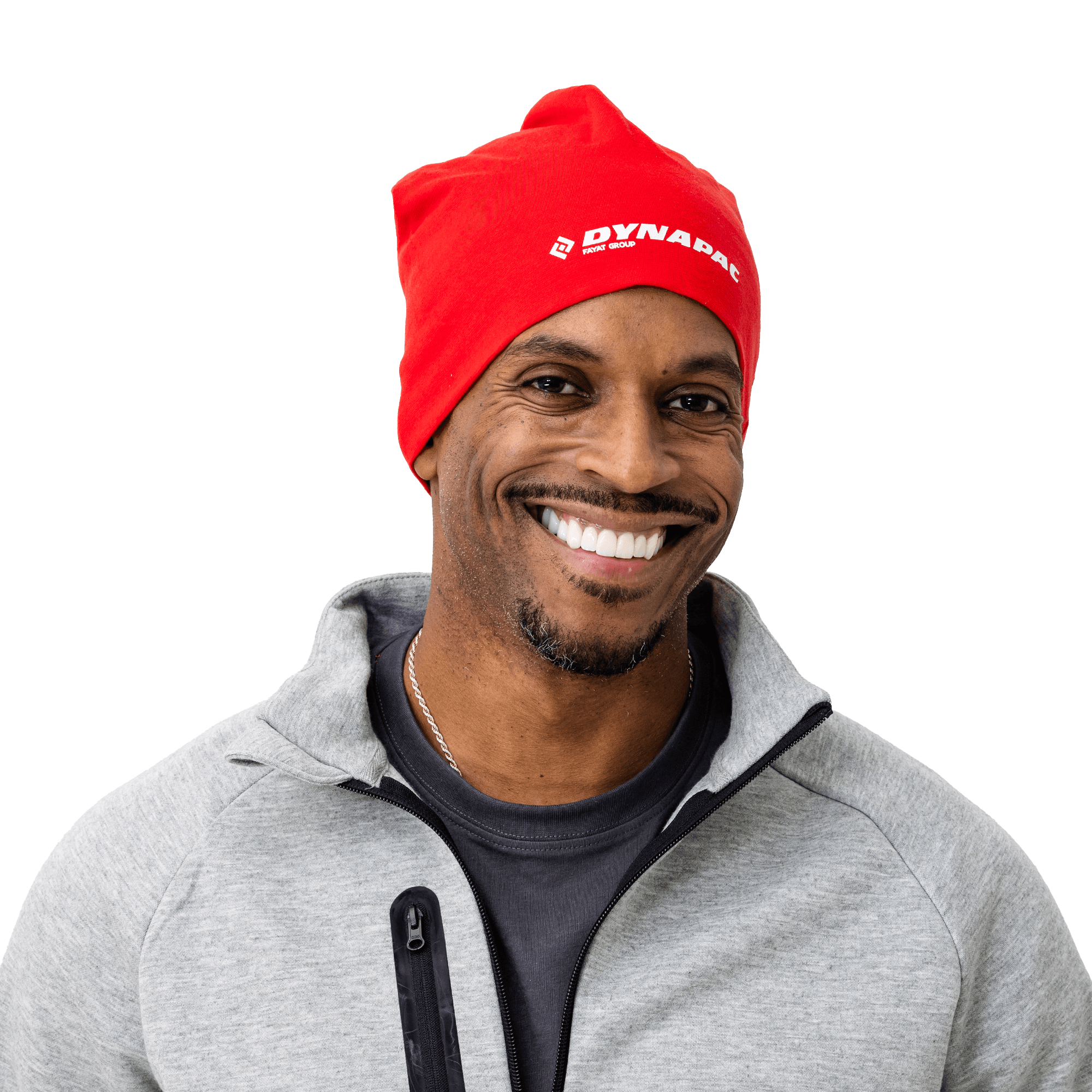 red beanie with dynapac logo in white on male model