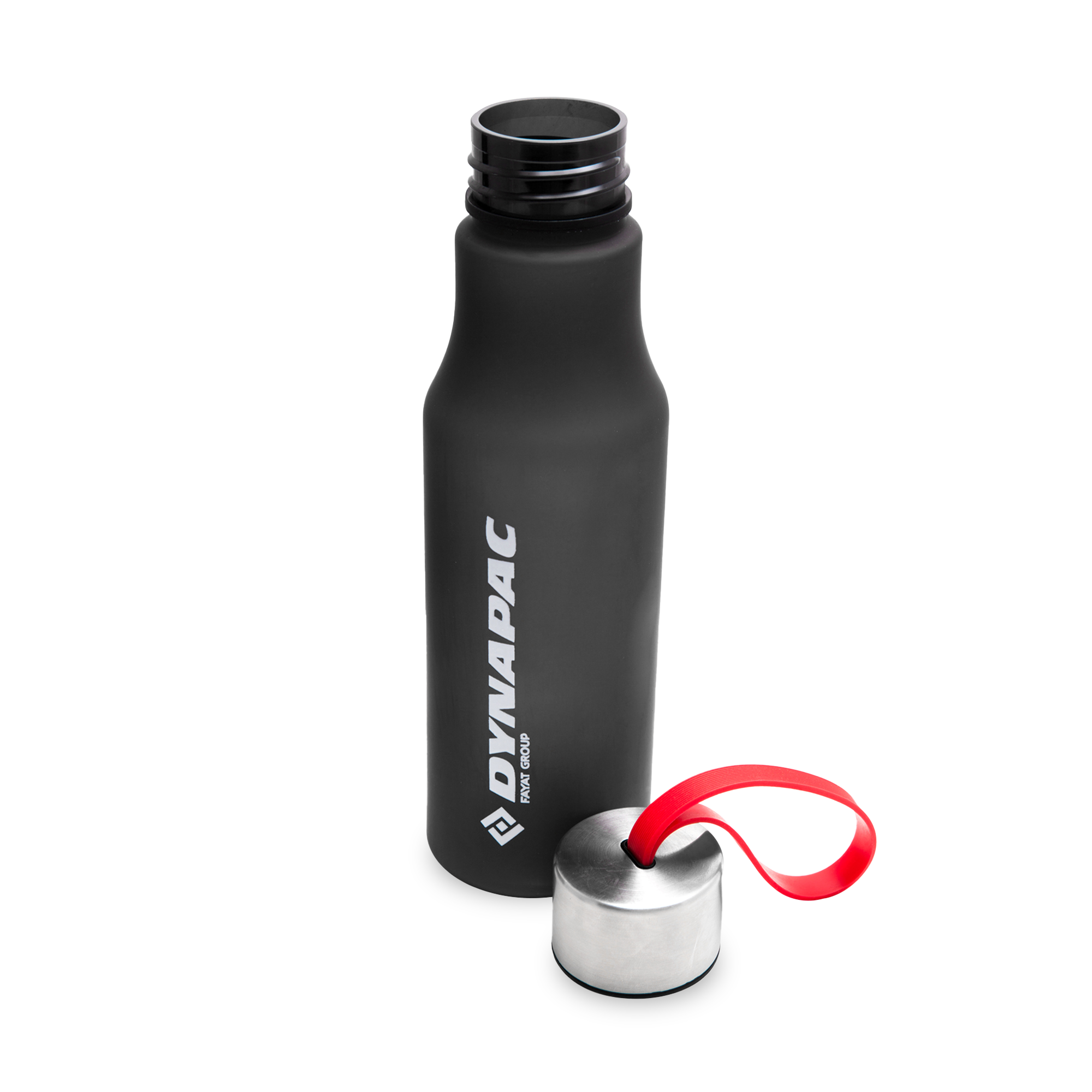 black dynapac water bottle with white logo unscrewed