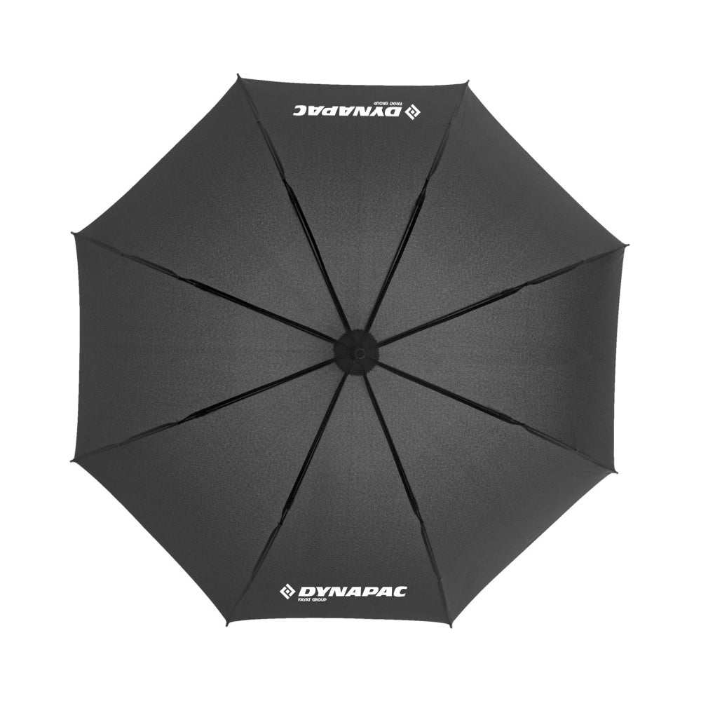 black umbrella with white dynapac logo unfolded